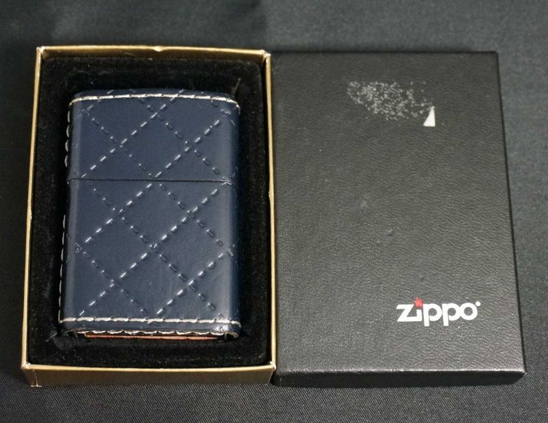 画像: zippo 革巻き ネイビー ステッチ柄