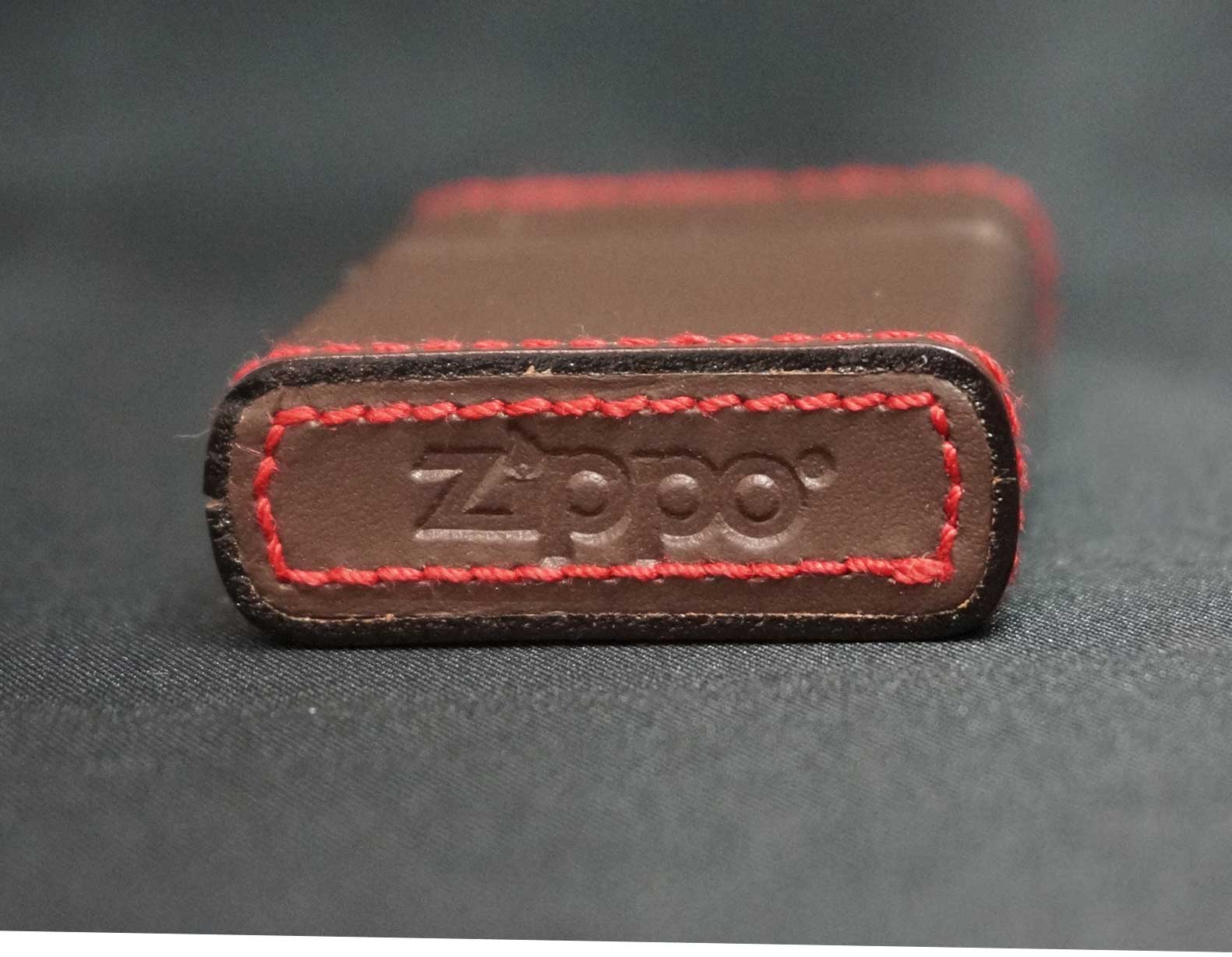 画像: zippo 革巻き 茶 赤ステッチ 