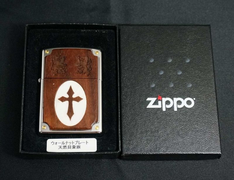 画像: zippo ウォールナット 天然貝 クロス 2005年製造