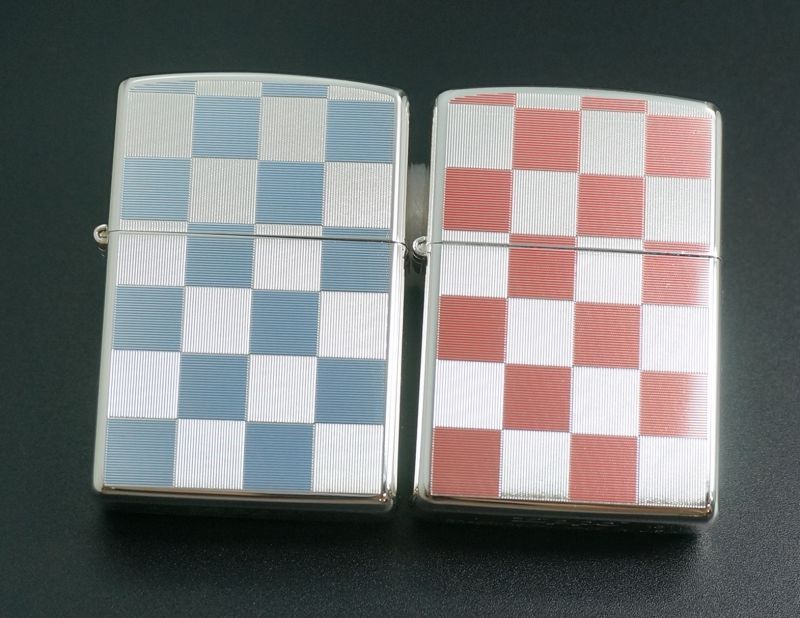 画像: zippo ペア チェッカー柄 両面 ピンク/ブルー