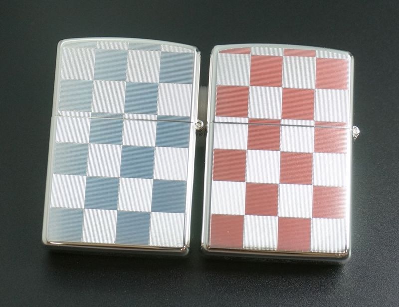 画像: zippo ペア チェッカー柄 両面 ピンク/ブルー