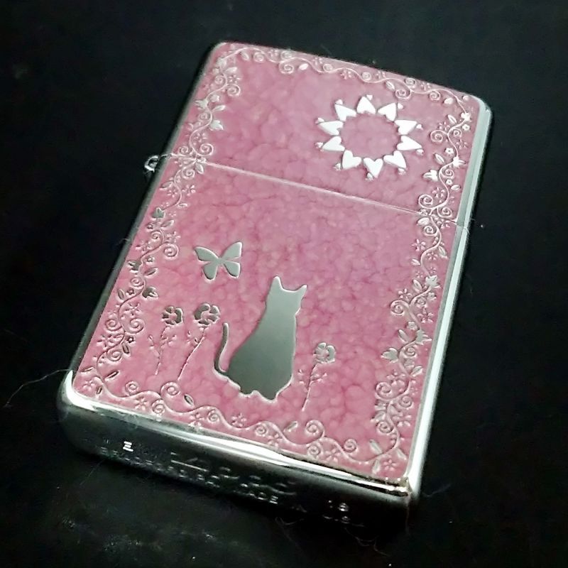 画像1: zippo ピンク猫 両面加工(柄違い) 2018年製造