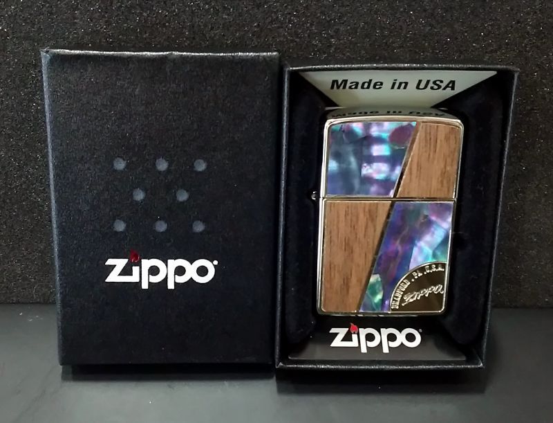 画像: zippo ウッドシェル 貝張り&木張り 銀色縁 2017年製造